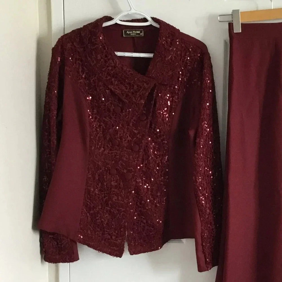 Set Jacket Skirt Maxi Lace sequins Burgund  Evening Formal Sz 14 US Women PLUS - Picture 2 of 10